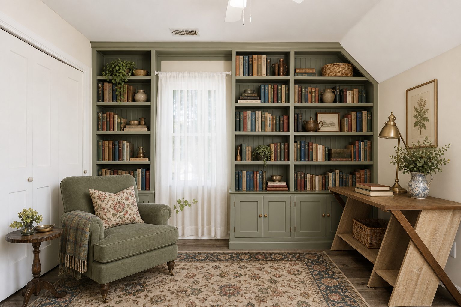 English Cottage-staged upstairs bedroom with built-in bookcases and reading chair